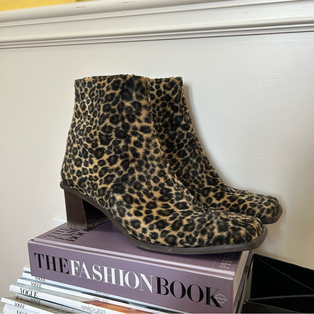 faux fur cheetah print one inch heel ankle boot